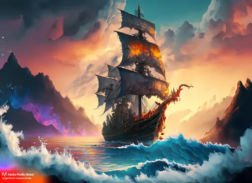 Firefly_colorful+splashes and explosions as An wild ocean of clouds beneath the mountains in the sunrise with an old ship and dragon_graphic,dramatic_light_91050